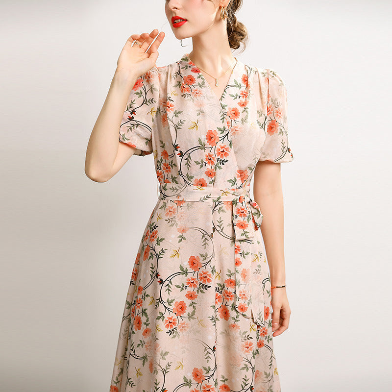 Silk Dress Summer New French V-neck Lace Up Style Waist Fairy Print Silk A-line Skirt