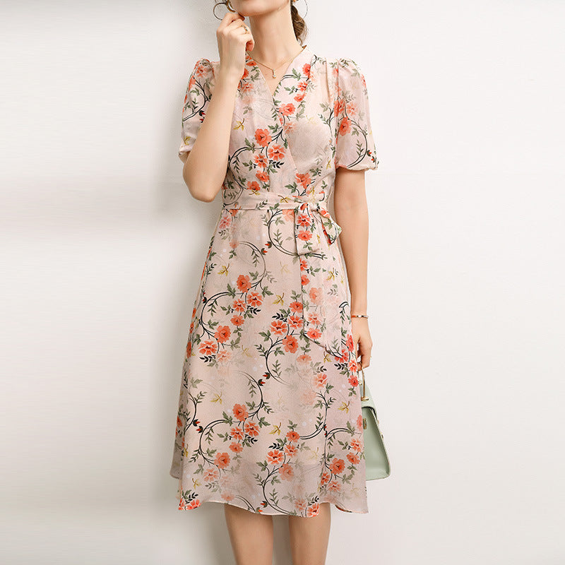 Silk Dress Summer New French V-neck Lace Up Style Waist Fairy Print Silk A-line Skirt