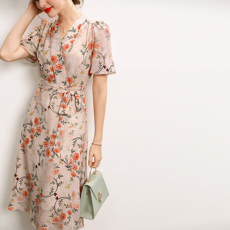 Silk Dress Summer New French V-neck Lace Up Style Waist Fairy Print Silk A-line Skirt