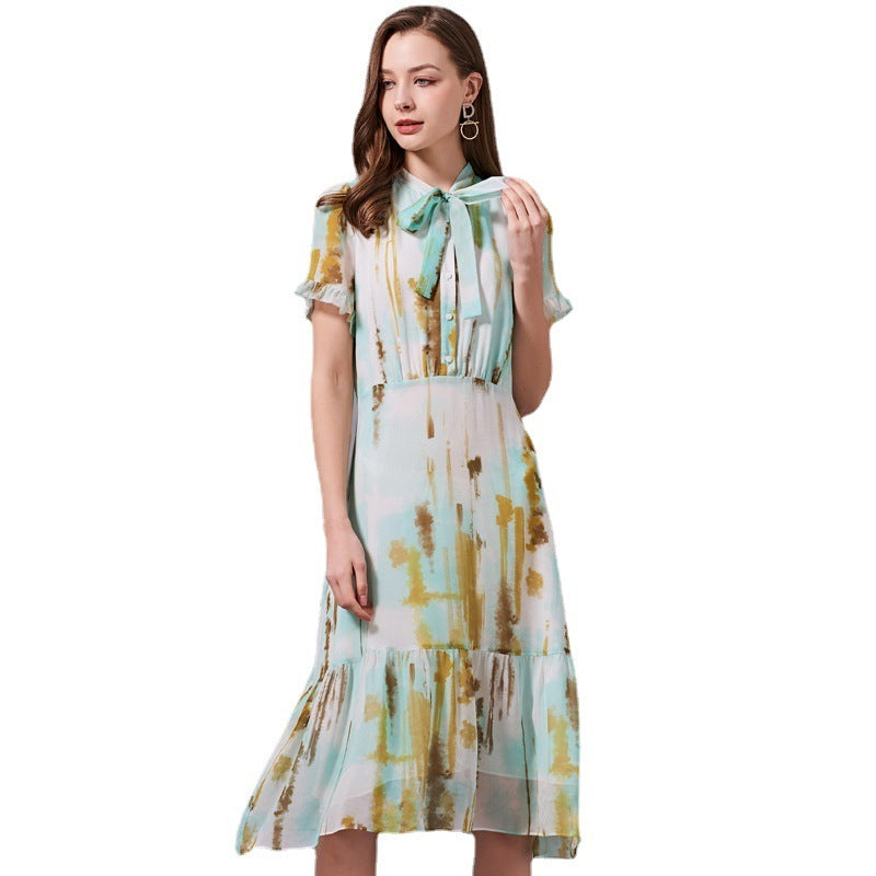 Bow Tie Tie Waist Slimming Silk Dress