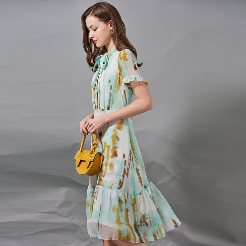 Bow Tie Tie Waist Slimming Silk Dress