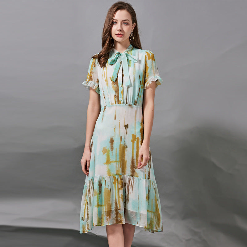 Bow Tie Tie Waist Slimming Silk Dress