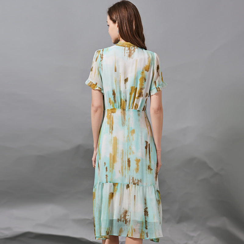 Bow Tie Tie Waist Slimming Silk Dress