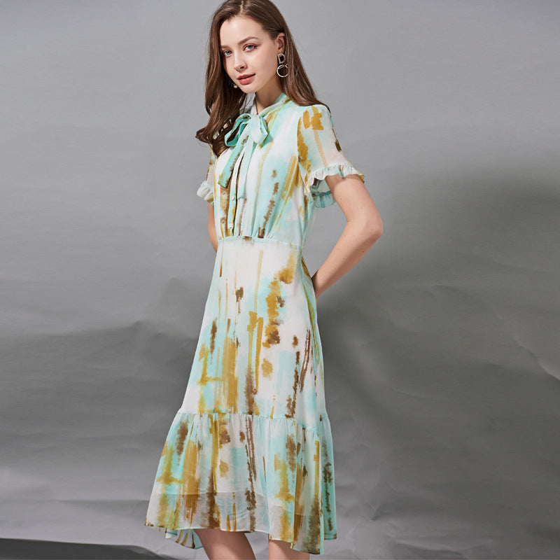 Bow Tie Tie Waist Slimming Silk Dress