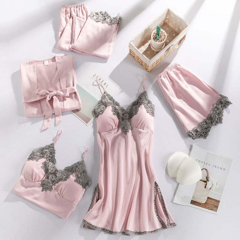 Summer Ice Silk Sexy Pajamas Five-Piece Suit