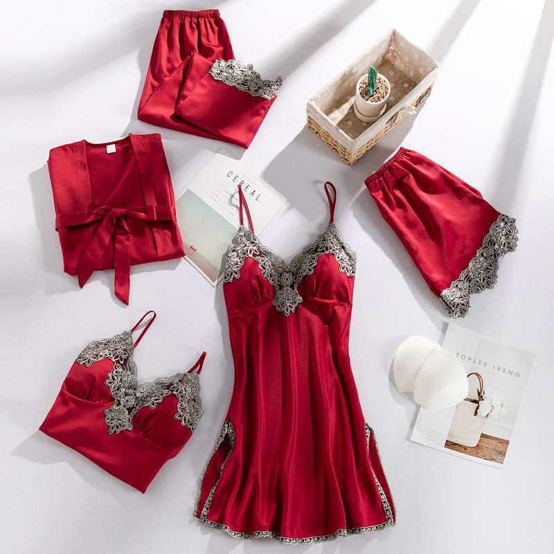 Summer Ice Silk Sexy Pajamas Five-Piece Suit