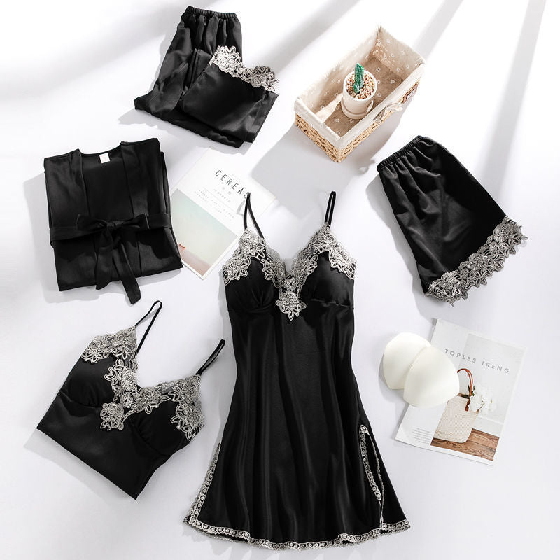 Summer Ice Silk Sexy Pajamas Five-Piece Suit