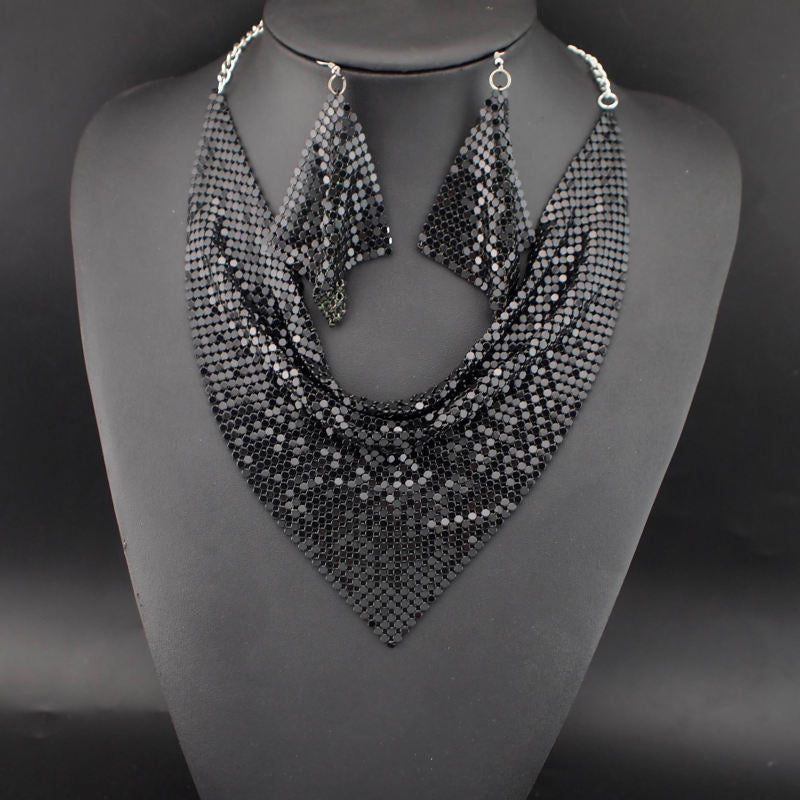 Sequin Silk Scarf Fake Collar Necklace Set
