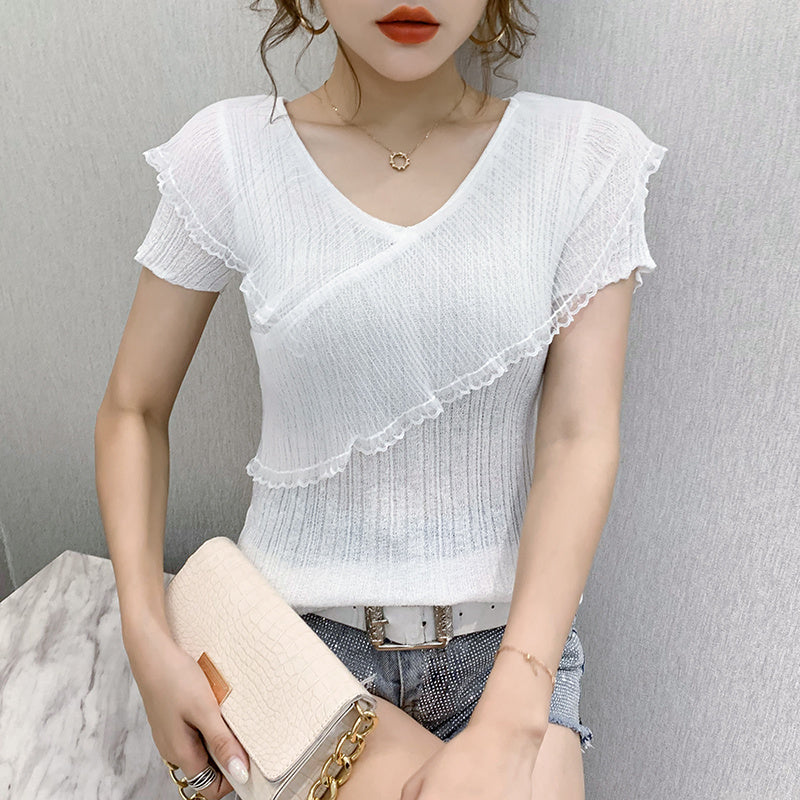 Short-sleeved T-shirt Women's Ruffled Ice Silk Knit Bottoming Shirt