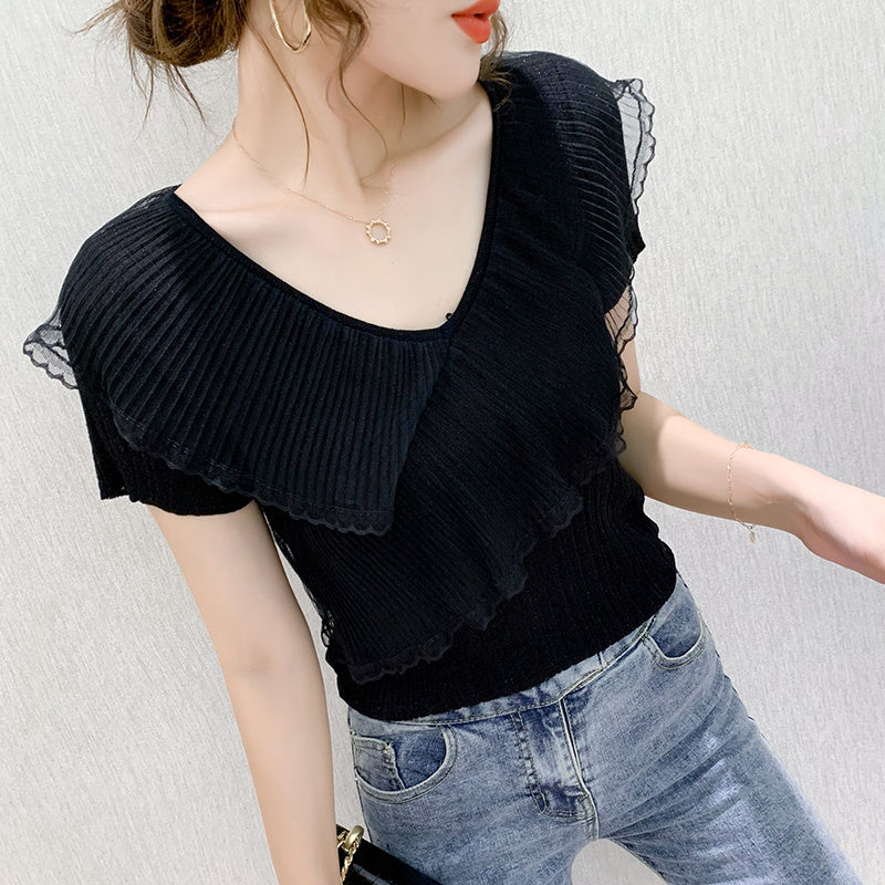 Short-sleeved T-shirt Women's Ruffled Ice Silk Knit Bottoming Shirt
