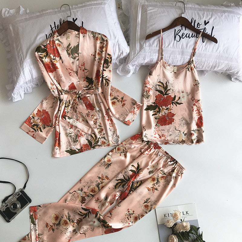 Printed Long Sleeve Imitation Silk Homewear