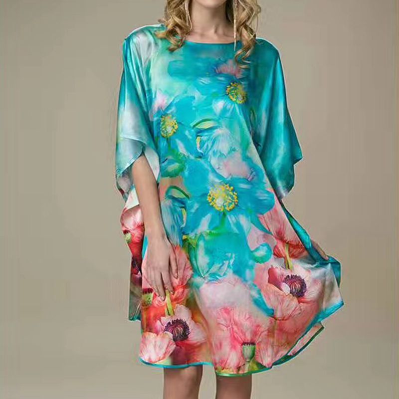 Inkjet Bat Shirt Women's Spring And Summer Home Service New Style Silk Silk Pajamas Nightdress Loose