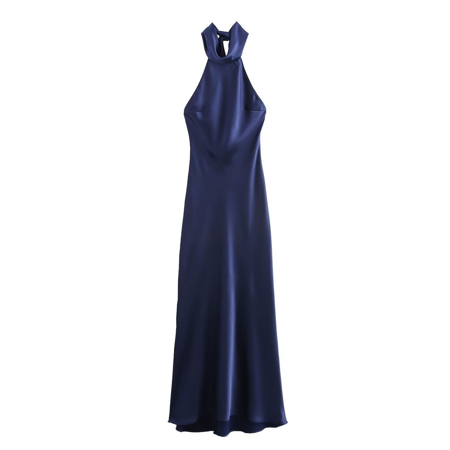 European And American Style Hanging Collar Silk Satin Texture Backless Dress