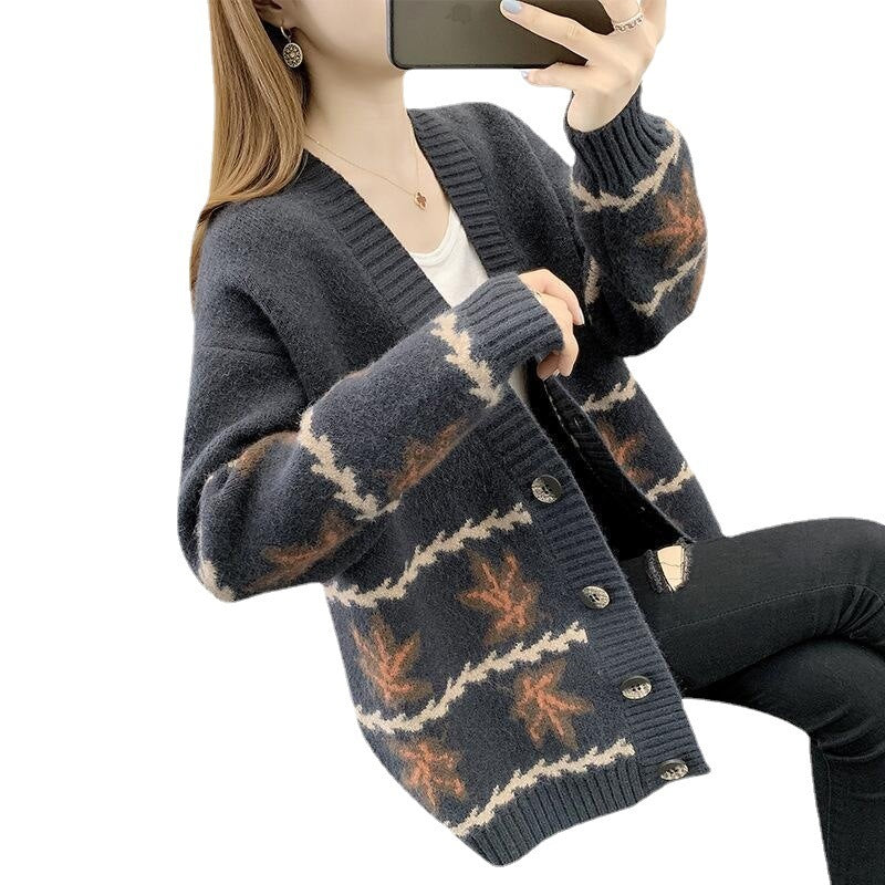 Maple Leaf Jacquard Knitted Cardigan Women's Loose Sweater