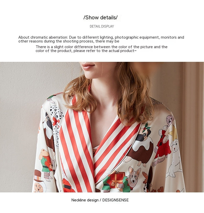 Thin Contrast Color Pajamas Ice Silk Robe Loose Homewear
