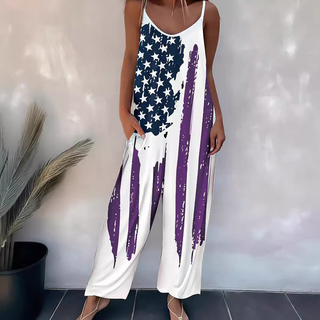 ViviChic™ Printed Suspender Jumpsuit