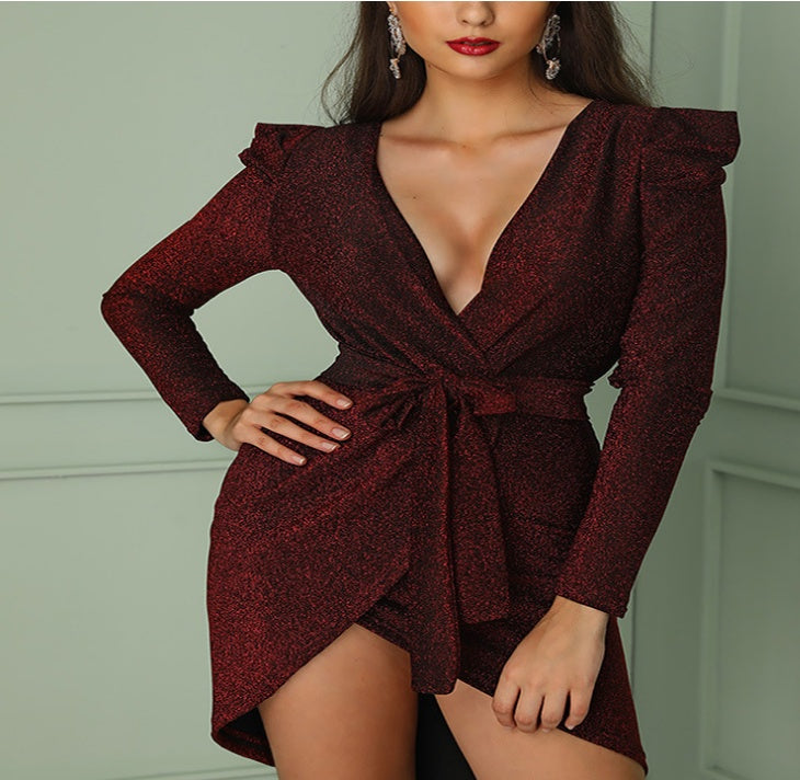 Bright silk deep V straps court slit dress skirt