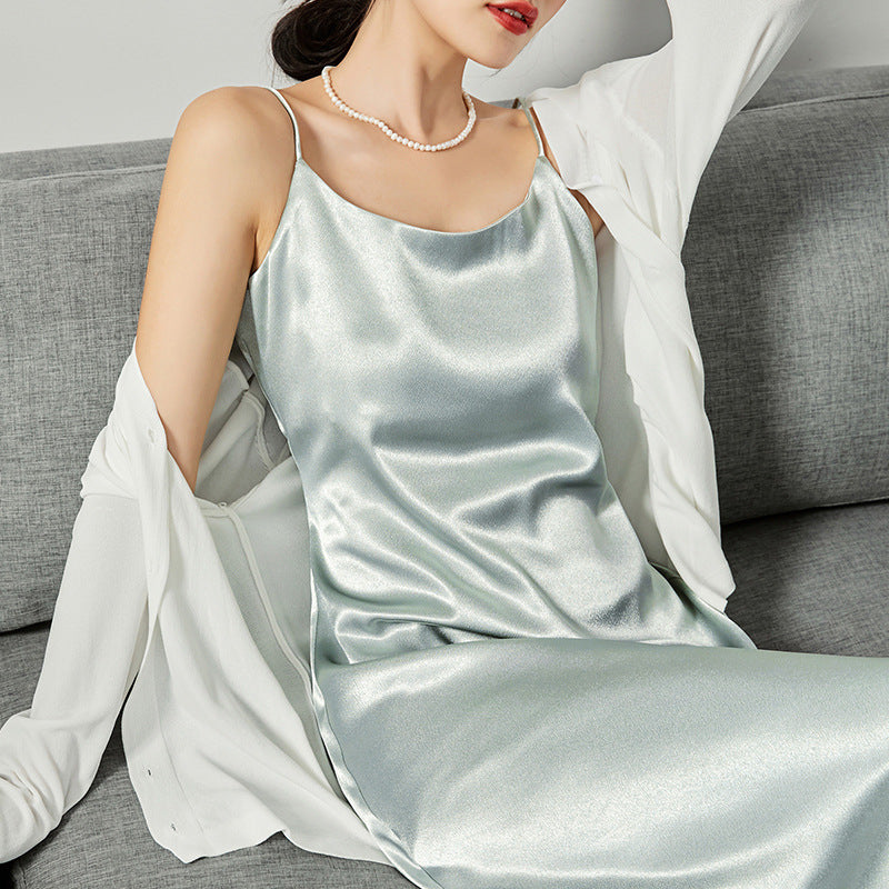 Mid-length silk sling acetate satin dress