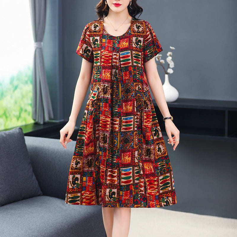 Plus Size Middle-aged And Elderly Cotton Silk Meat-covering Dress