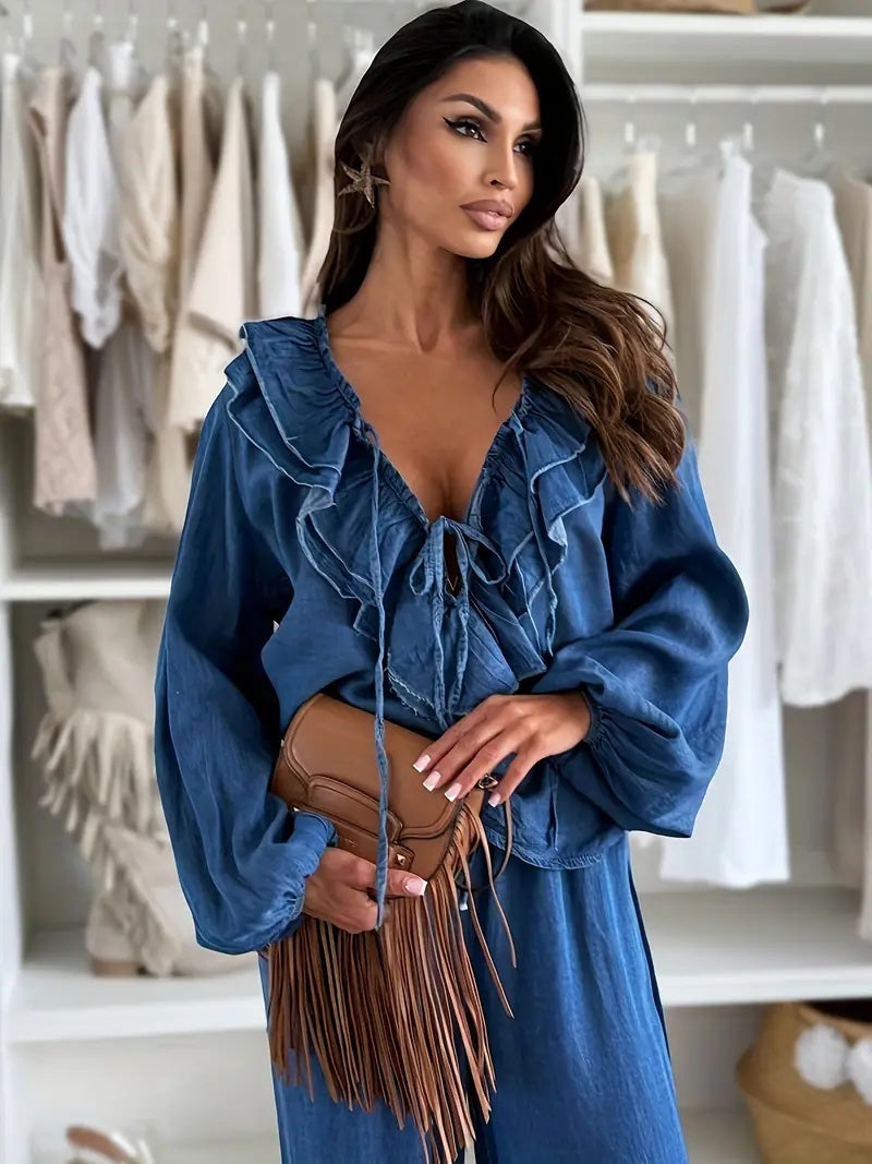 Female Retro Elegant Navy Blue Denim Suit