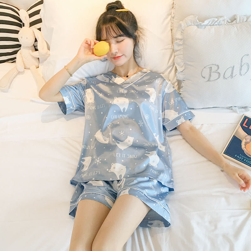 Women's Loose Casual Short Sleeve Ice Silk Pajama Set