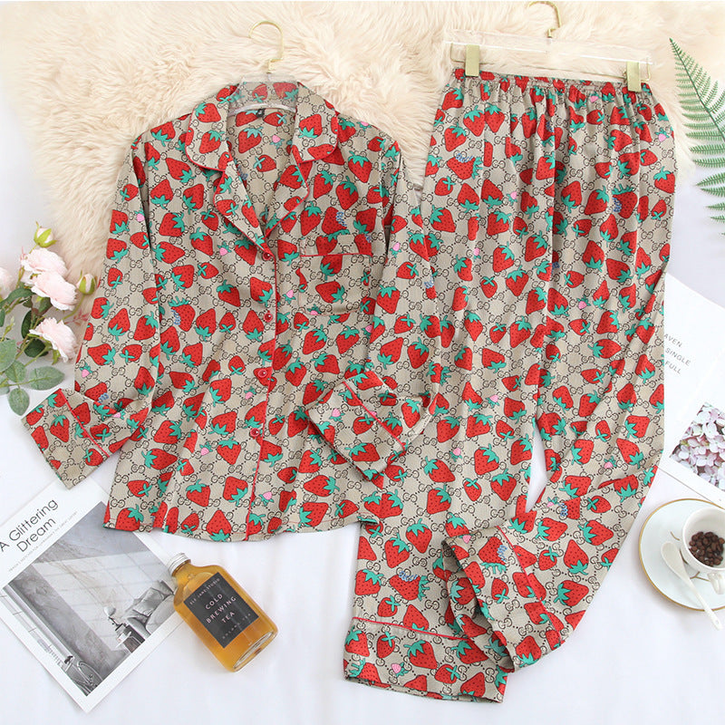 Women's Silk-like Two-piece Strawberry Long-sleeved Homewear