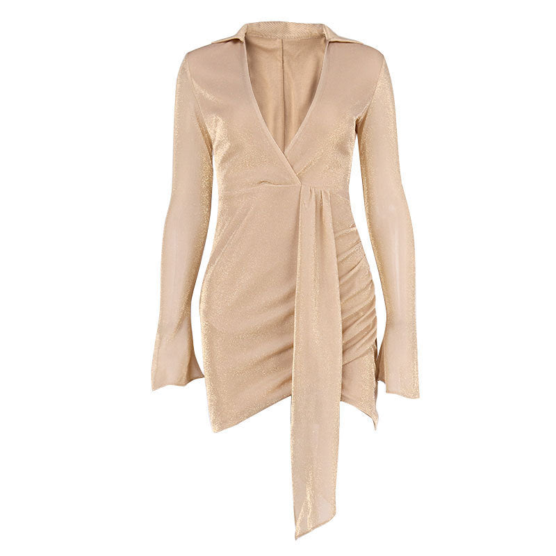 Shiny Gold Silk V-neck Pleated Flared Sleeve Hip Skirt