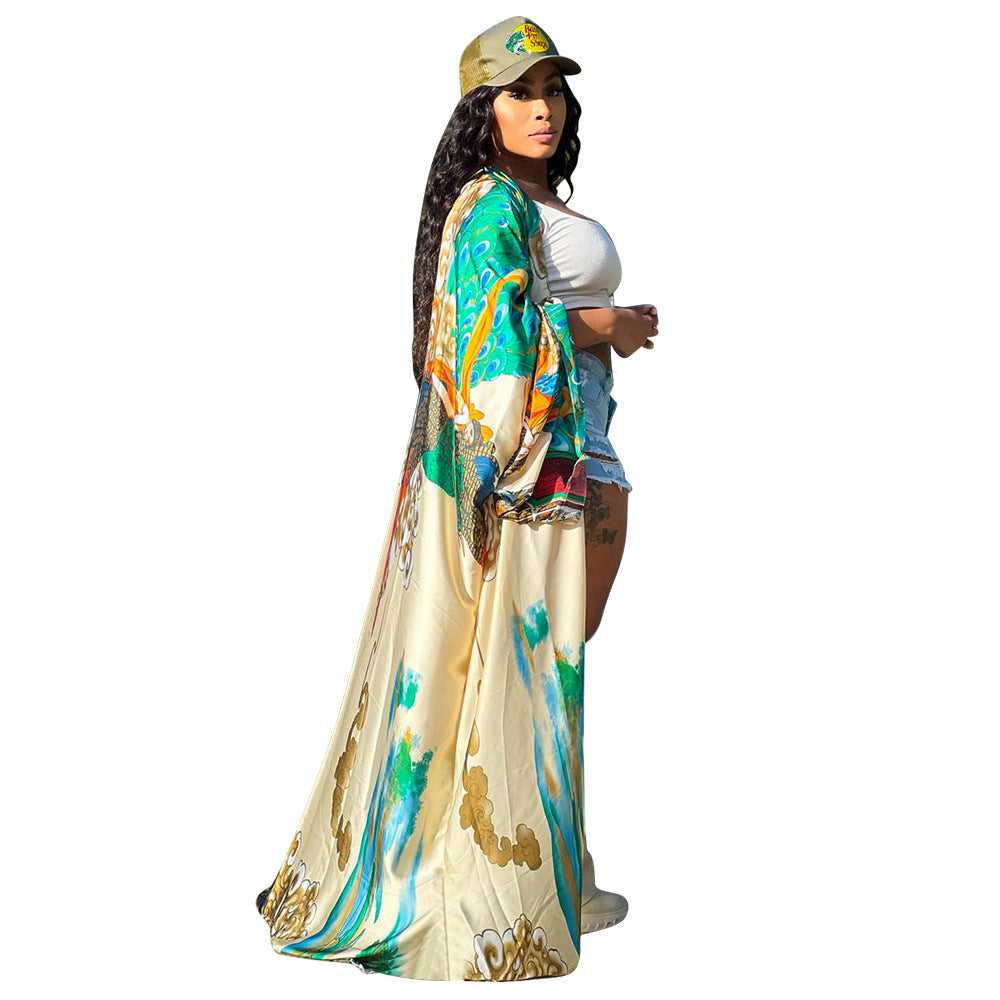 Cardigan Outer Wear Silk Printing Fashion Casual Cloak