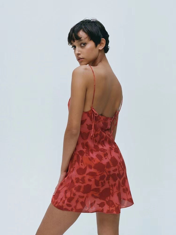 Sexy Low-cut Backless Light Silk Strap Floral Dress