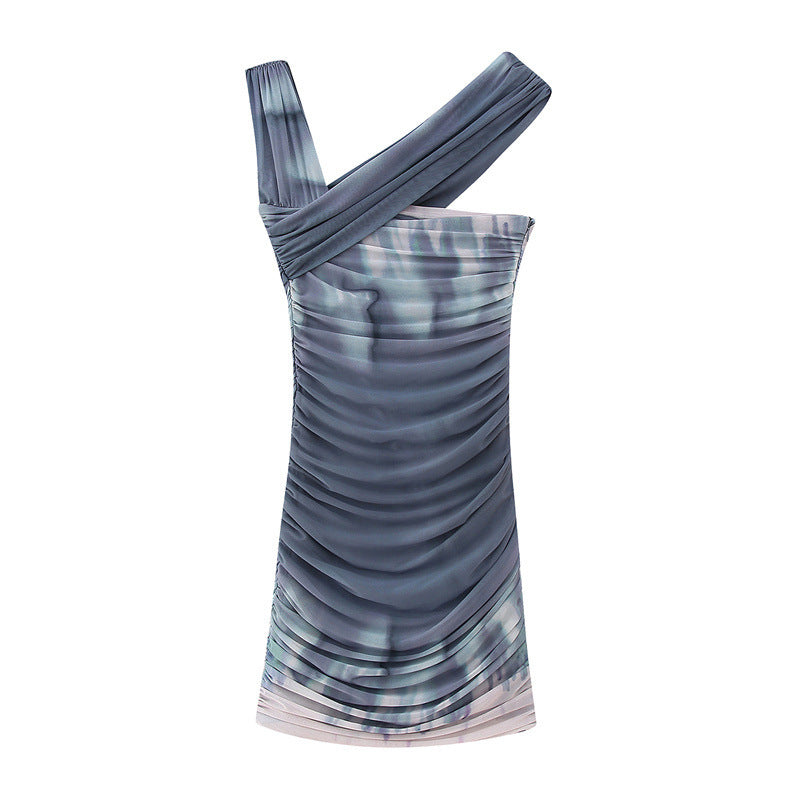 Women's Fashionable Simple Printed Silk Net Pleated Asymmetric Dress