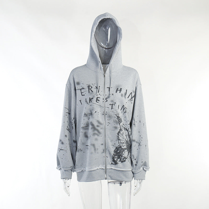Knitted Butterfly Print Loose Hoodie