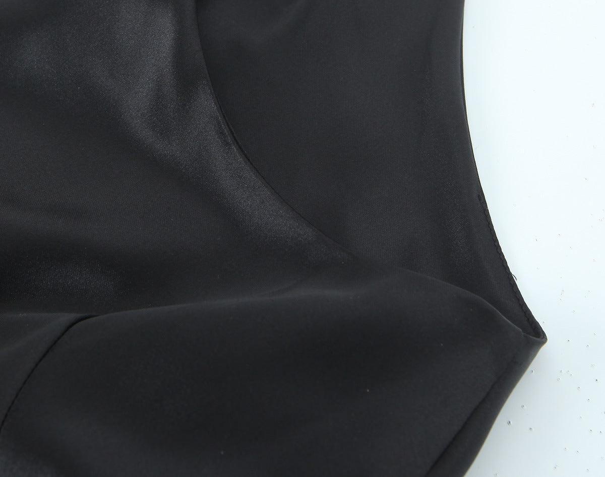 Women's Fashion Sleeveless Pleated Waist Tight Silk Satin Dress