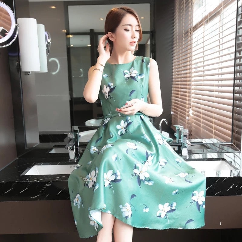 Women's Fashion Ice Silk Midi Printing Dress