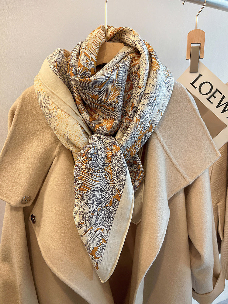 Beige Herringbone Silk And Wool Scarf