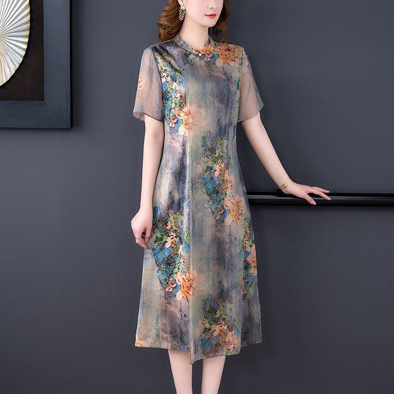 Elegant Cheongsam Chinese Style Silk Chiffon Dress