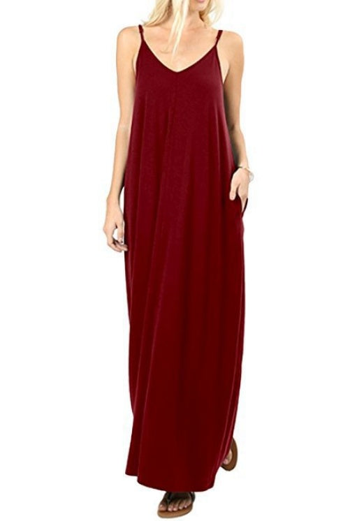 European and American milk silk solid color pocket camisole dress