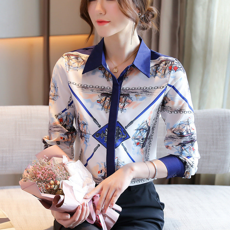 Women's long sleeve loose bottom silk shirt
