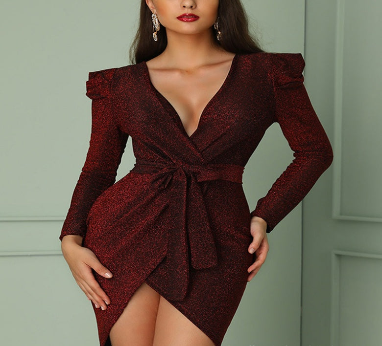 Bright silk deep V straps court slit dress skirt