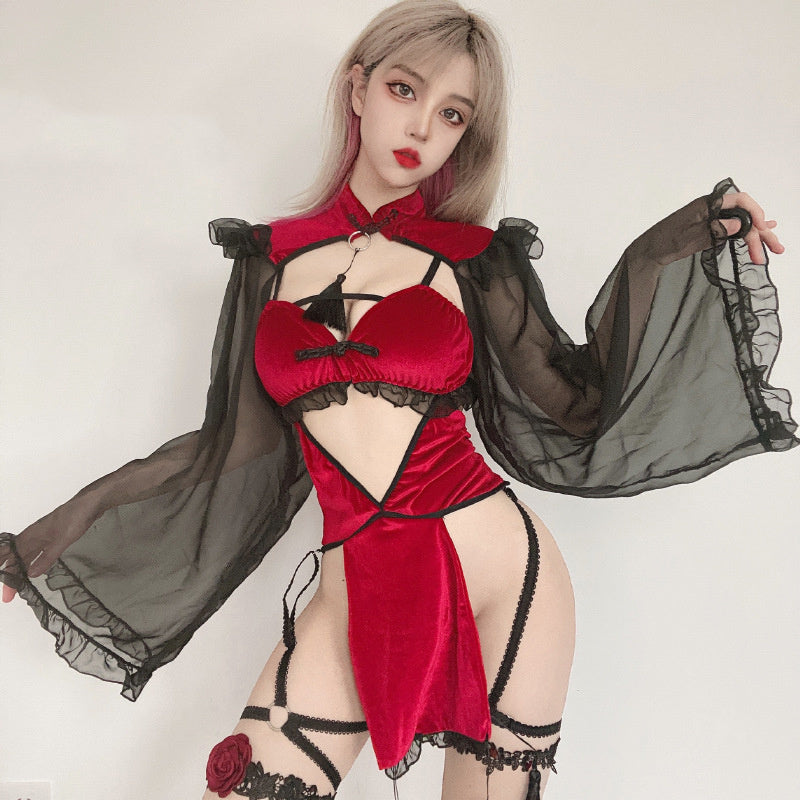 Hollow Silk Sleeve Cheongsam Suit Witch