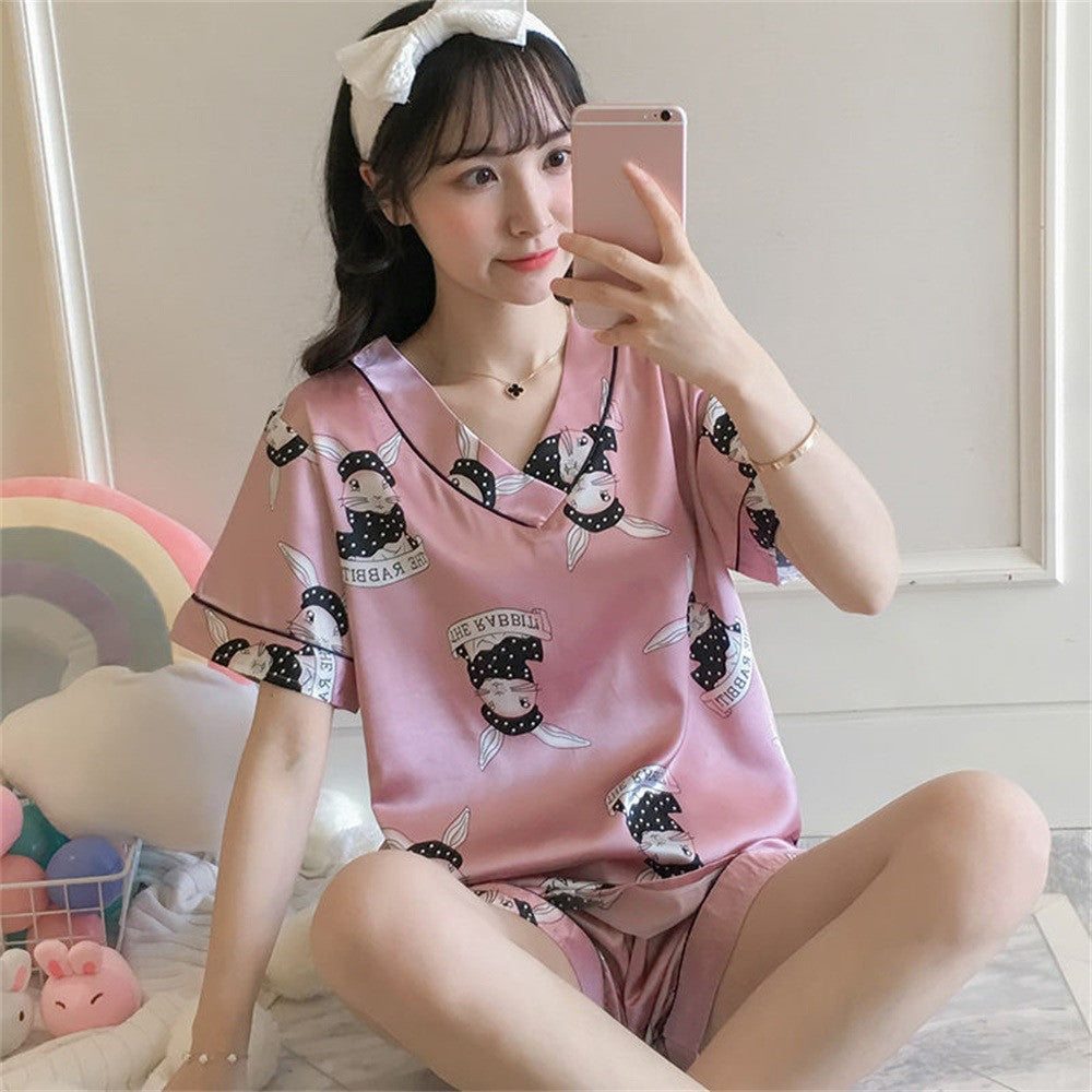 Women's Loose Casual Short Sleeve Ice Silk Pajama Set