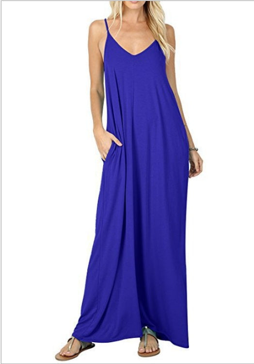 European and American milk silk solid color pocket camisole dress