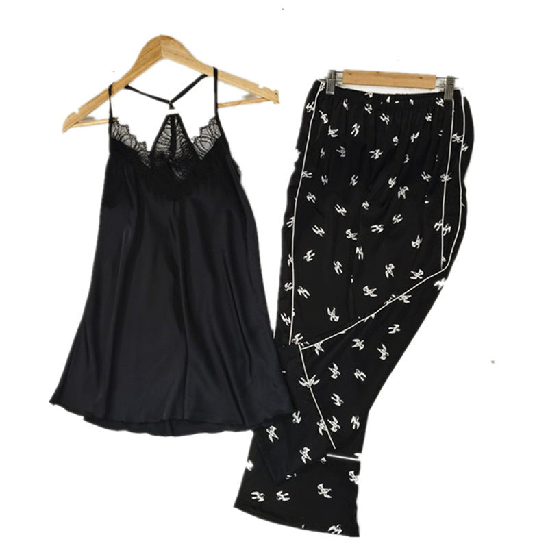 Women's thin ice silk lace pajamas