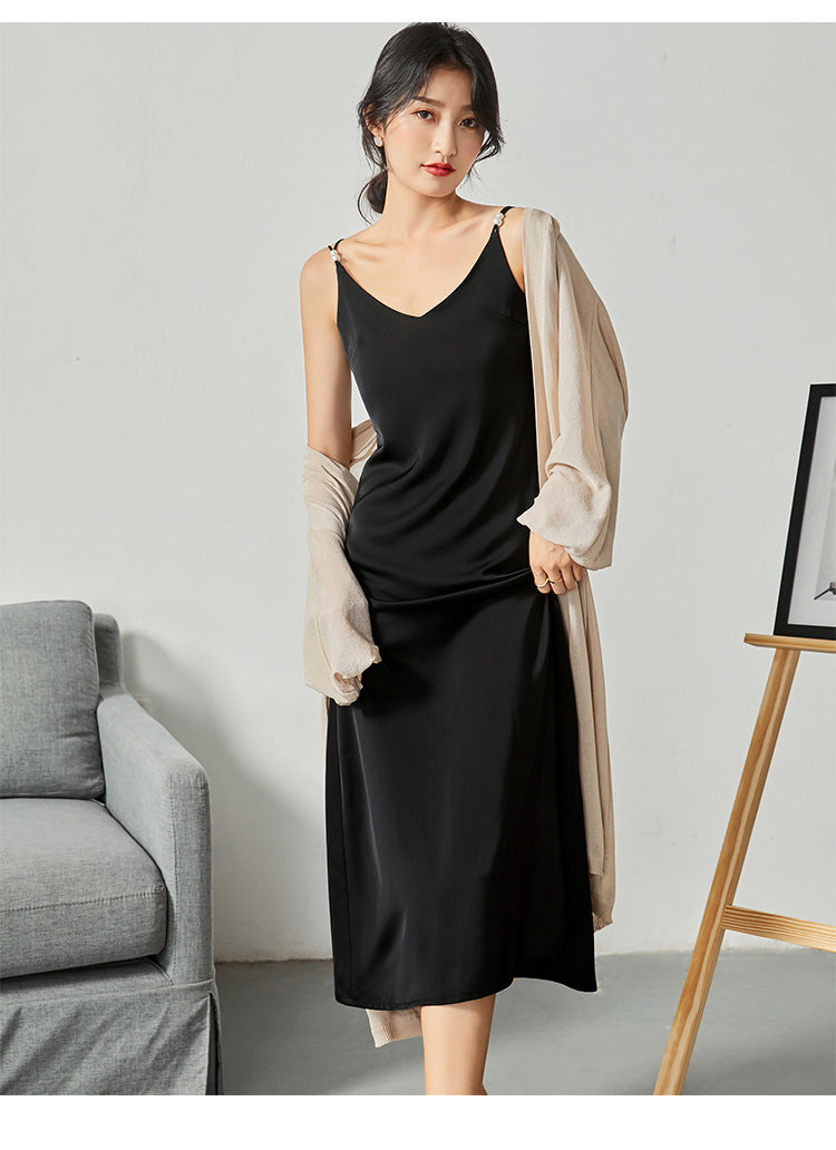 Acetate satin dress V-neck slim high-end temperament silk suspender skirt