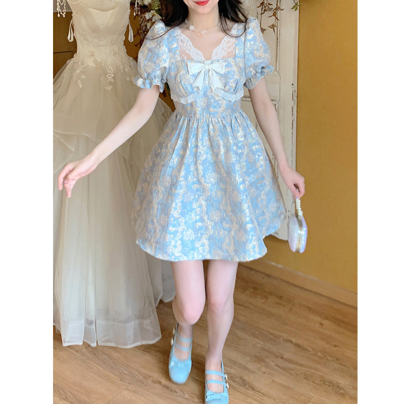 Summer New Holiday Bright Silk Jacquard Bow Dress