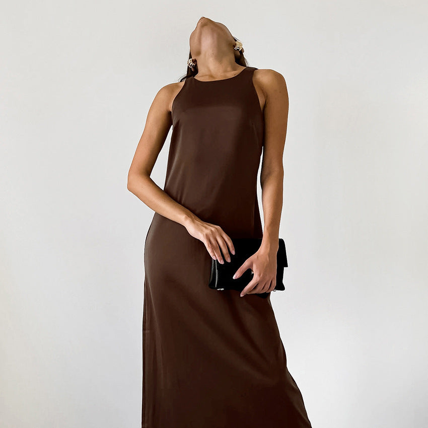 Silk-like Satin Surface Round Neck Vest Dress
