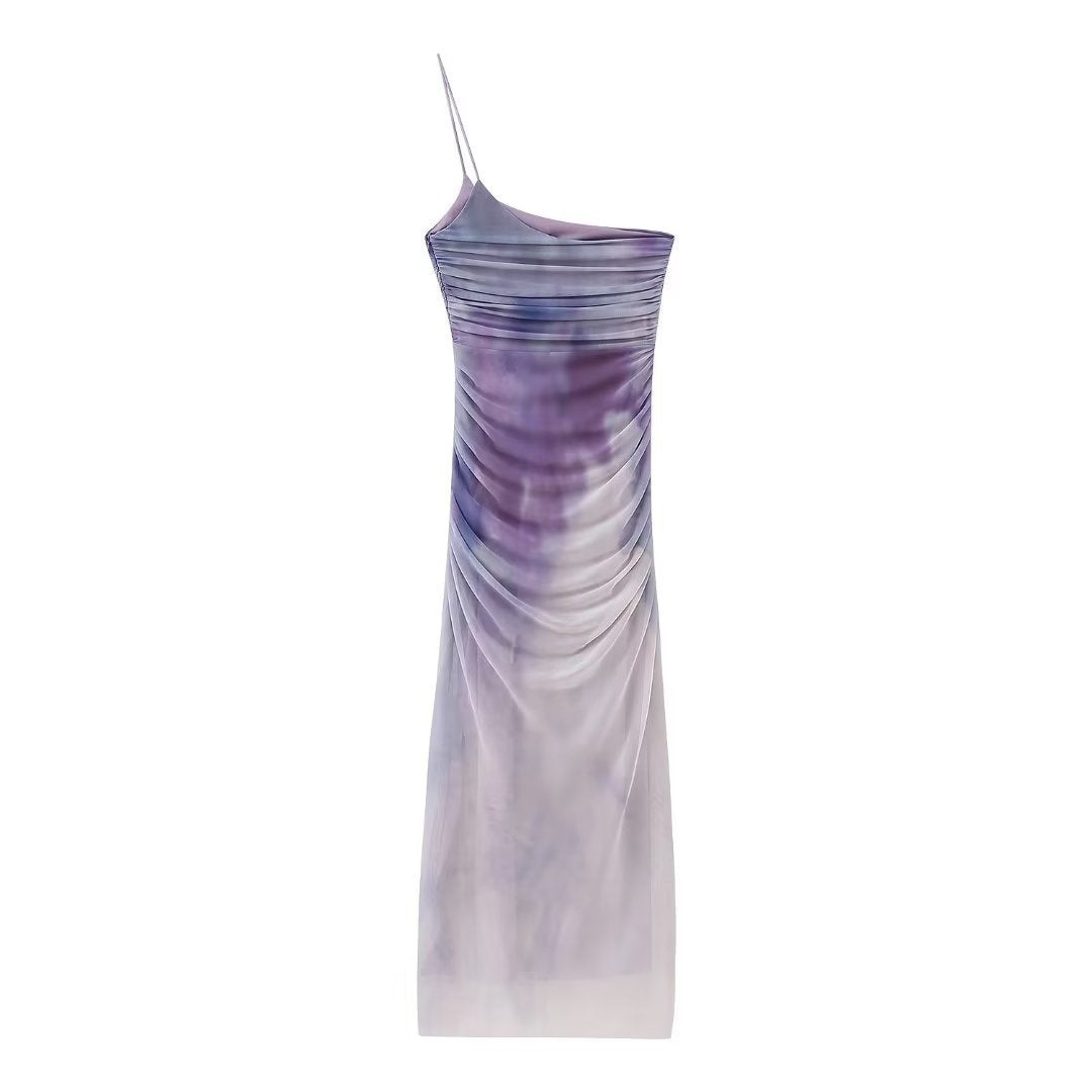French Printing Silk Net Asymmetric Dress