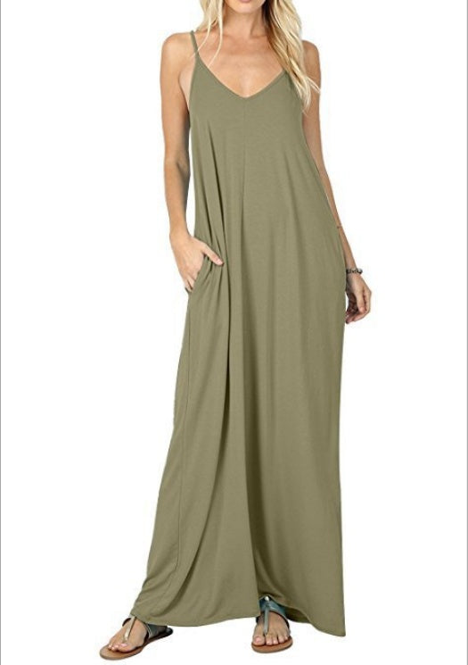 European and American milk silk solid color pocket camisole dress
