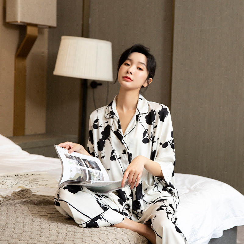 Women's New Ice Silk Mid Sleeve Rose Print Suit