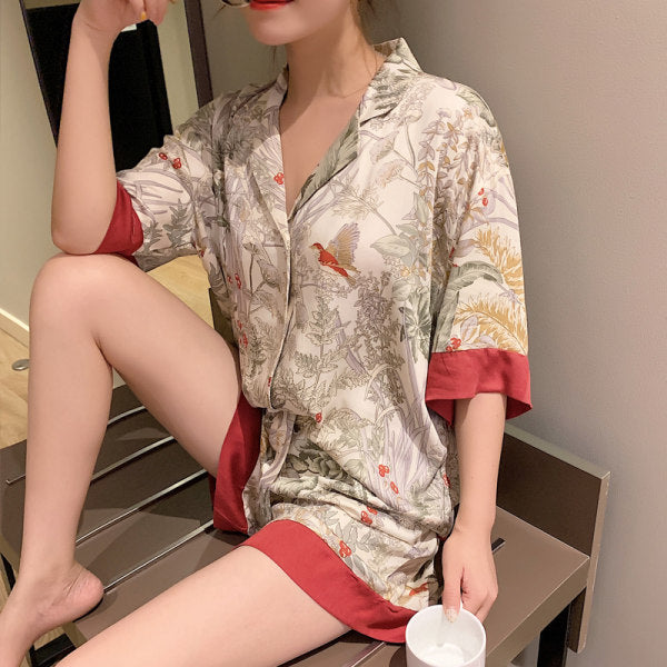 Ice Silk Short Sleeve Shorts Lapel Bird Pajamas Suit