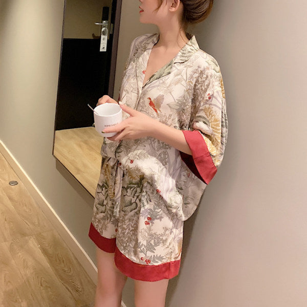 Ice Silk Short Sleeve Shorts Lapel Bird Pajamas Suit